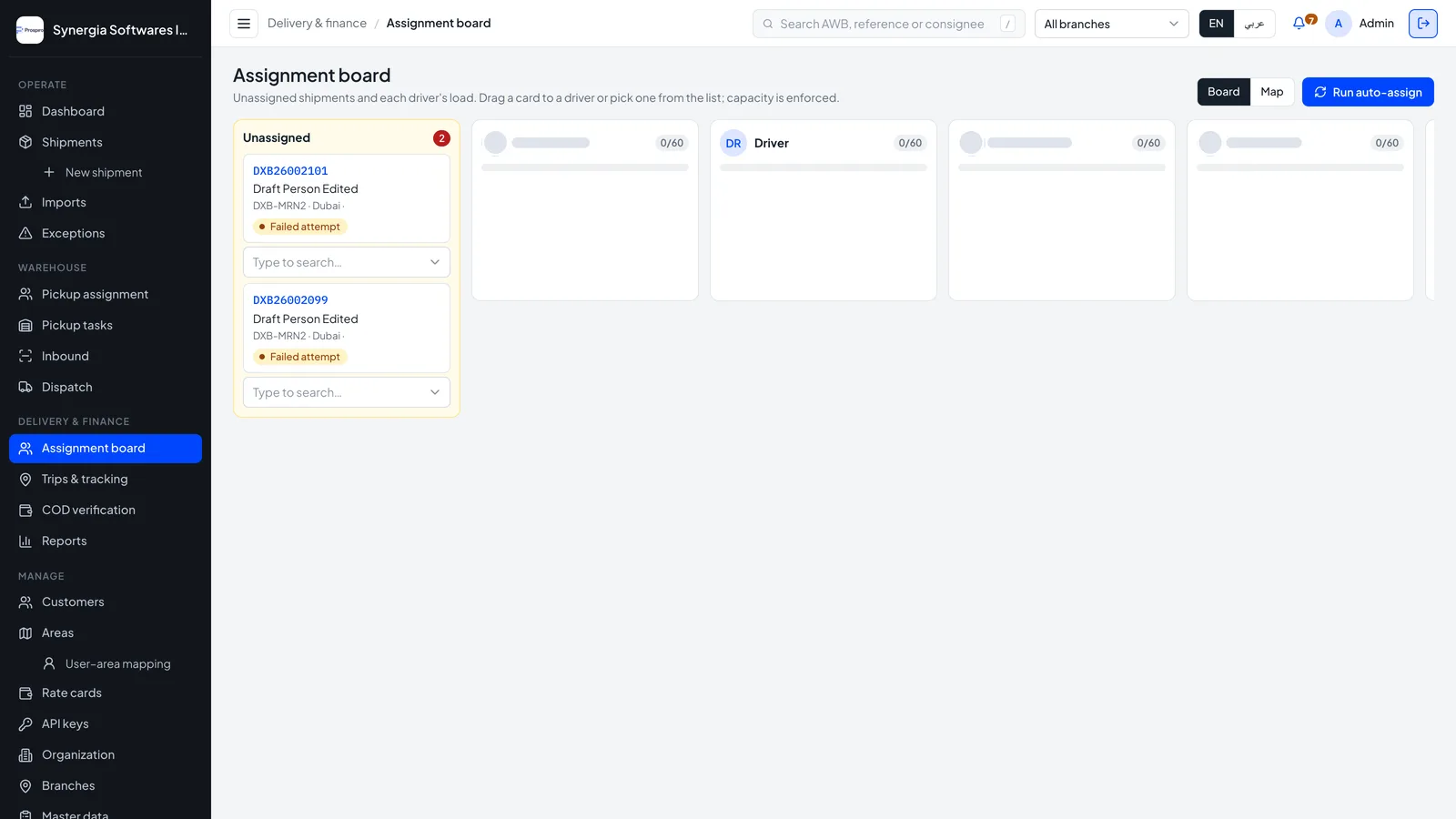 Courier assignment board: unassigned shipments column and one lane per driver showing current load, with board, map and run auto-assign controls